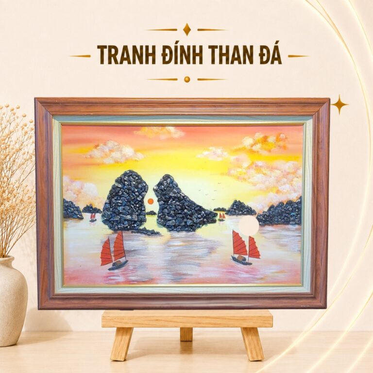 Tranh đính than đá bình minh trên Vịnh Hạ Long