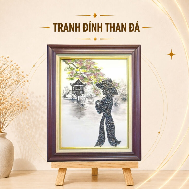 Tranh đính than đá thiếu nữ bên chùa Một Cột